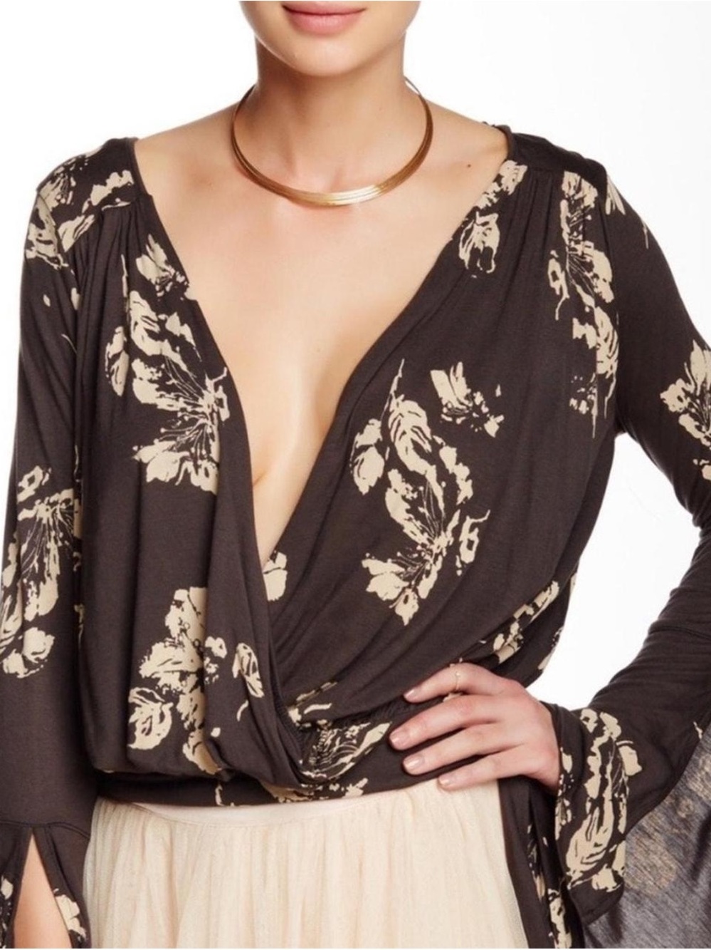 Free People Floral Wrap V-Neck Long Sleeve Top